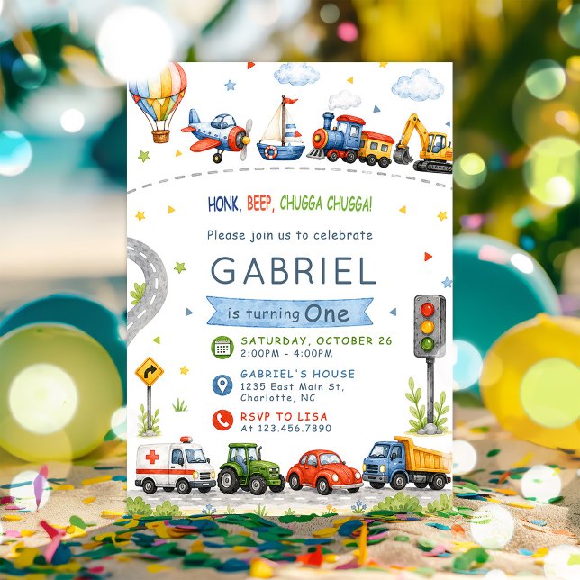 Invitation Fête d'anniversaire de transport Honk, Beep, Chugg (Créateur téléchargé)