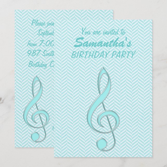 Invitation Fête d'anniversaire de Treble Clef Pale Turquoise  (Devant / Derrière)