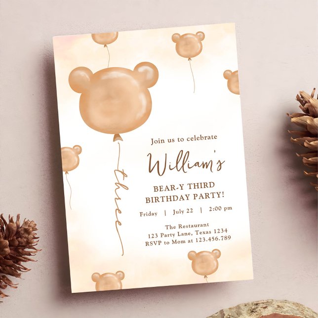 Invitation Fête d'anniversaire de trois ans de ballon d'ours  (Créateur téléchargé)