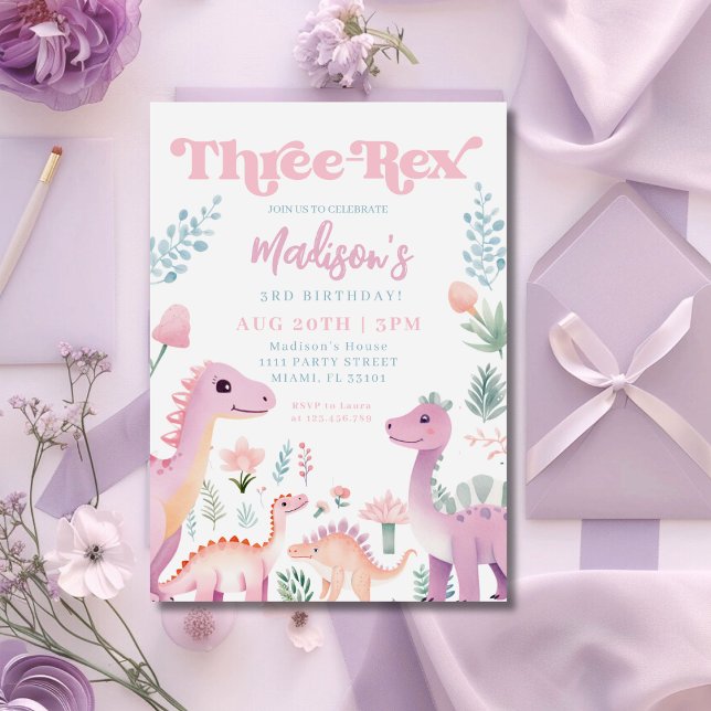 Invitation Fête d'anniversaire de trois ans fille dinosaure t (Créateur téléchargé)