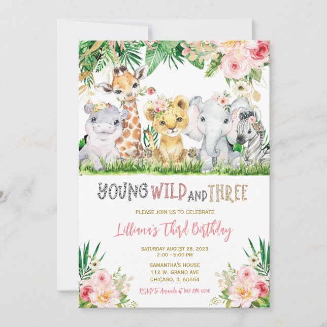 Invitation Fête d'anniversaire de trois filles dans la jungle (Devant)