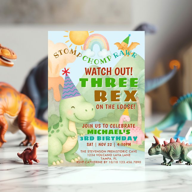 Invitation Fête d'anniversaire de trois Rex sur le thème des  (Créateur téléchargé)