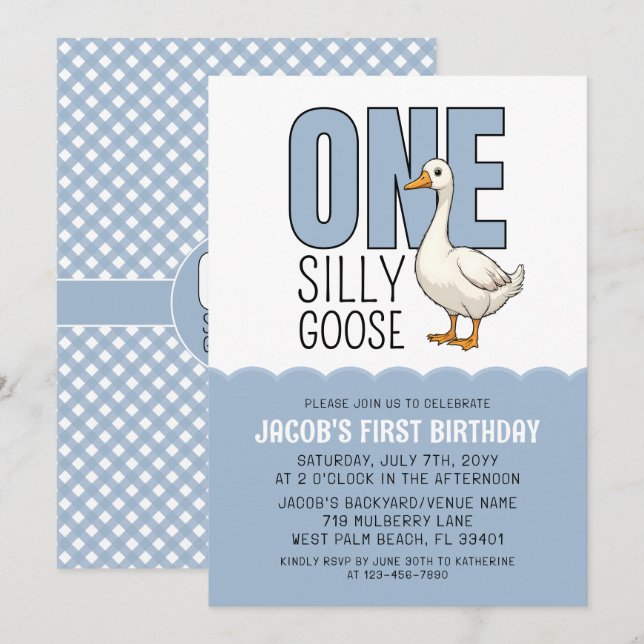 Invitation Fête d'anniversaire de un an de Modern Blue One Si (Devant / Derrière)