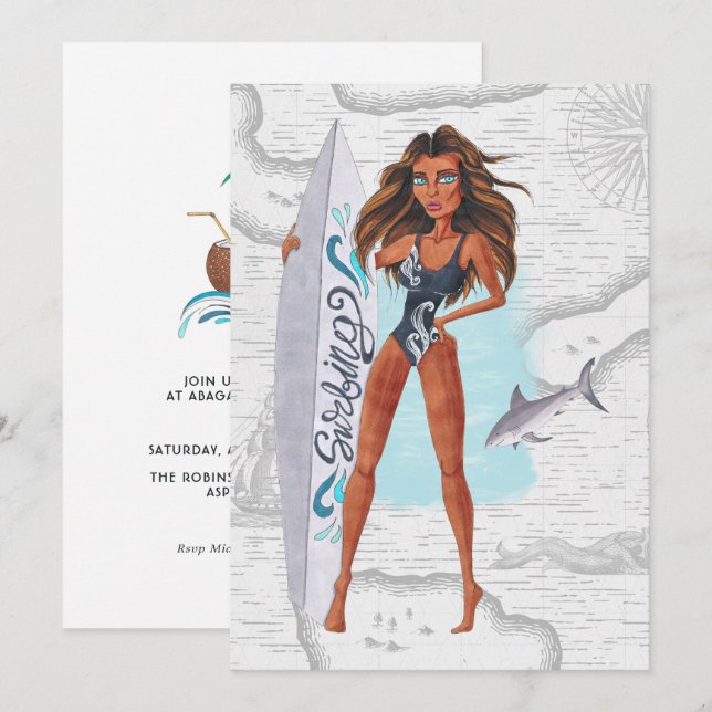Invitation Fête d'anniversaire de vacances à la plage de surf (Devant / Derrière)