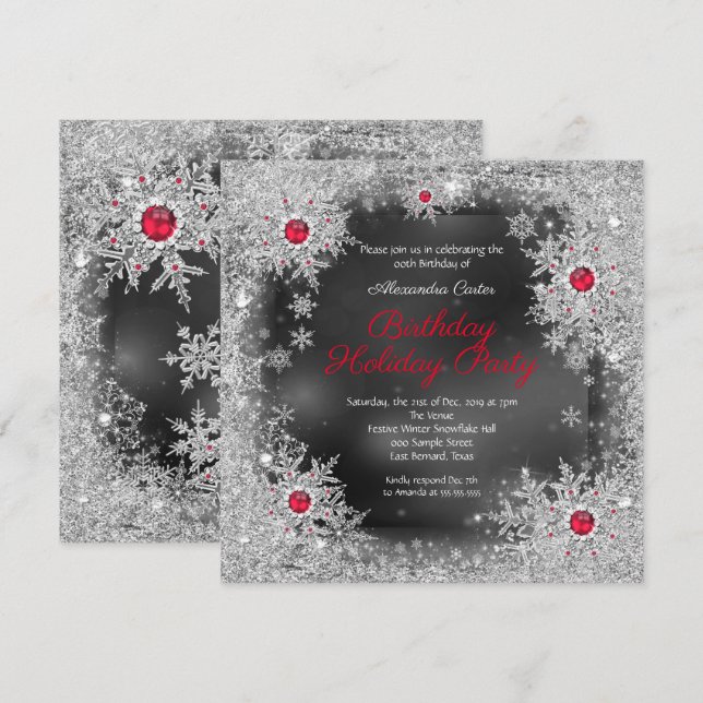 Invitation Fête d'anniversaire de vacances flocon de neige gr (Devant / Derrière)