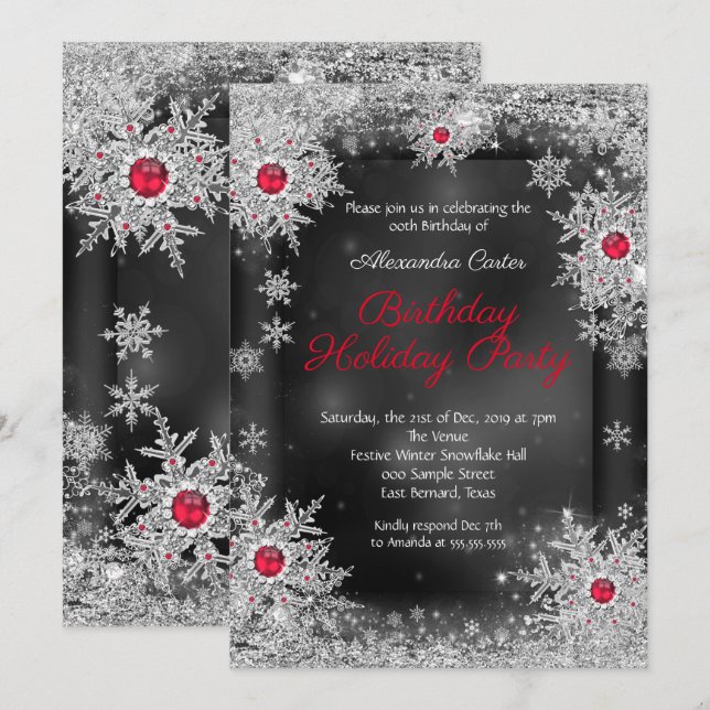 Invitation Fête d'anniversaire de vacances flocon de neige gr (Devant / Derrière)