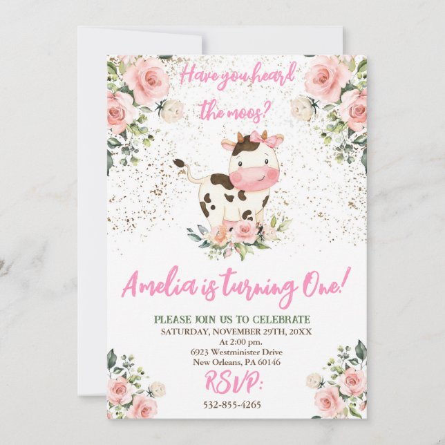 Invitation Fête d'anniversaire de vache, rose et or fille Ann (Devant)
