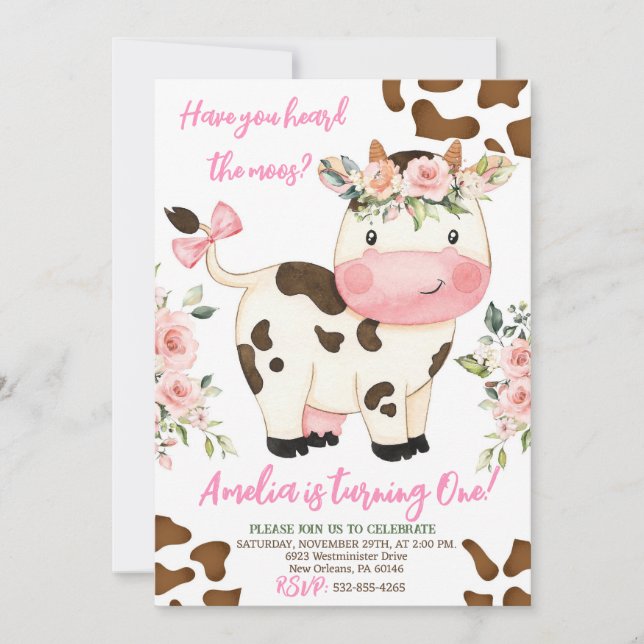Invitation Fête d'anniversaire de vache, rose et or fille Ann (Devant)
