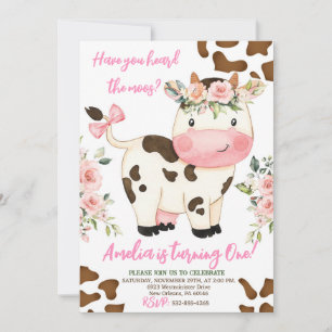 Invitation Fête d'anniversaire de vache, rose et or fille Ann