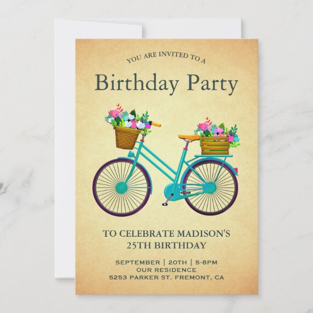 Invitation Fête d'anniversaire de vélo floral sarcelle rétro  (Devant)
