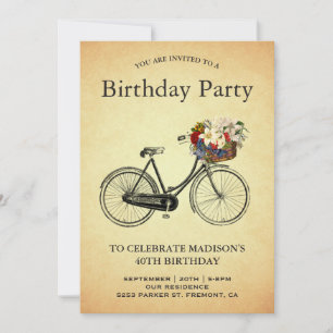 Invitation Fête d'anniversaire de vélo floral vintage