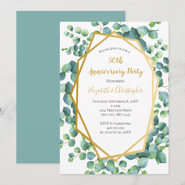 Invitation Fête d'anniversaire de verdure d'or d'Eucalyptus (Devant / Derrière)