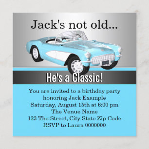 Invitation Fête d'anniversaire de voiture antique bleue pour