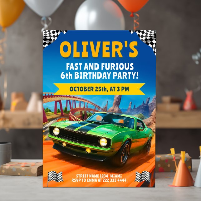 Invitation Fête d'anniversaire de voiture de course avec voit (Créateur téléchargé)