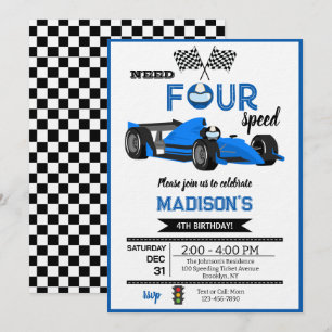 Invitation Fête d'anniversaire de voiture de course bleue Nee