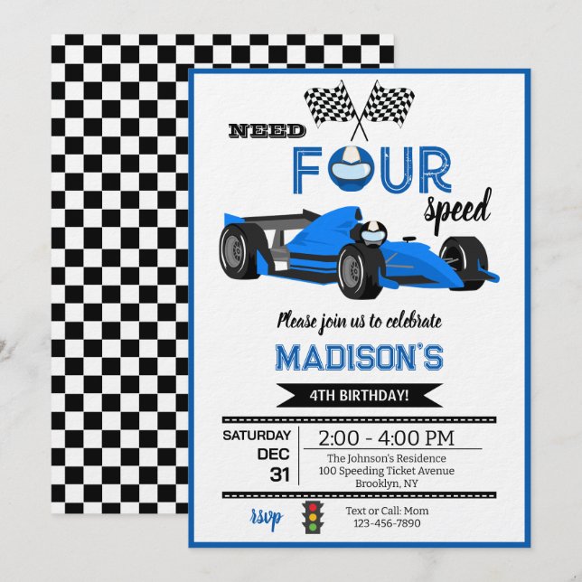 Invitation Fête d'anniversaire de voiture de course bleue Nee (Devant / Derrière)