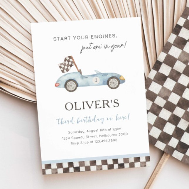 Invitation Fête d'anniversaire de voiture de course bleue Tou (Créateur téléchargé)