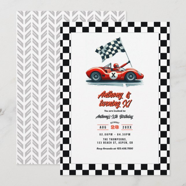 Invitation Fête d'anniversaire de voiture de course personnal (Devant / Derrière)
