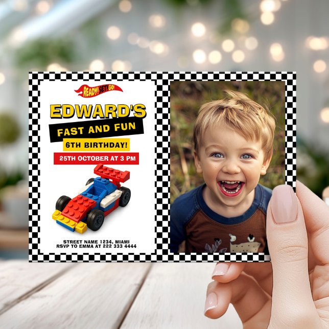 Invitation Fête d'anniversaire de voiture de course Photo  (Créateur téléchargé)