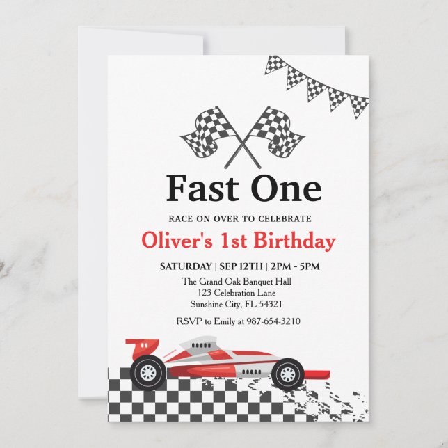 Invitation Fête d'anniversaire de voiture de course pour 1 an (Devant)