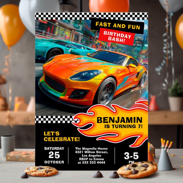 Invitation Fête d'anniversaire de voiture de course rapide et (Créateur téléchargé)