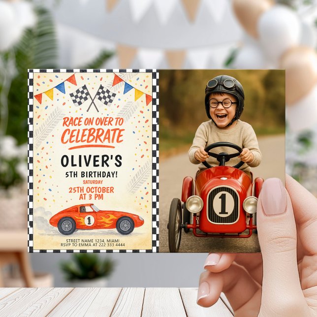 Invitation Fête d'anniversaire de voiture de course rétro (Créateur téléchargé)