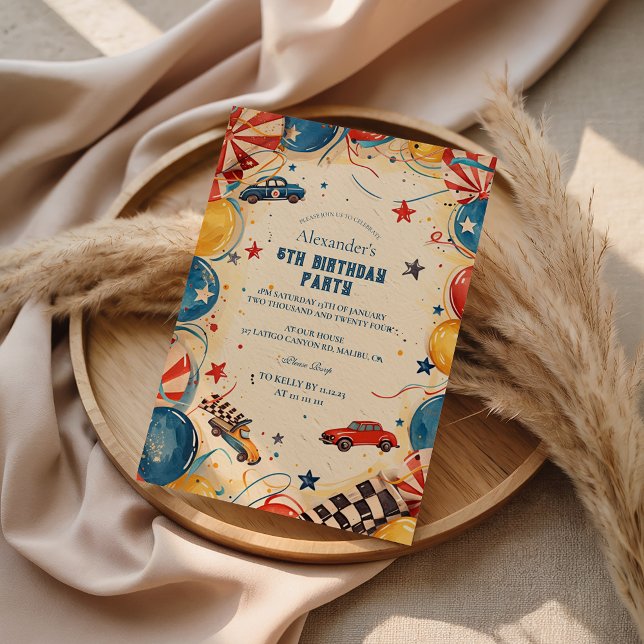 Invitation Fête d'anniversaire de voiture de course rétro (Créateur téléchargé)