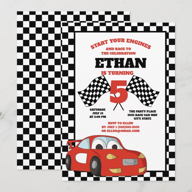 Invitation Fête d'anniversaire de voiture de course rouge à c (Devant / Derrière)