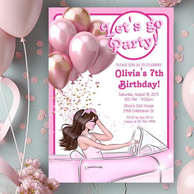 Invitation Fête d'anniversaire de voiture de poupée de mode r (Girl pink fashion doll in car birthday party invitation. Simply add your event details.)