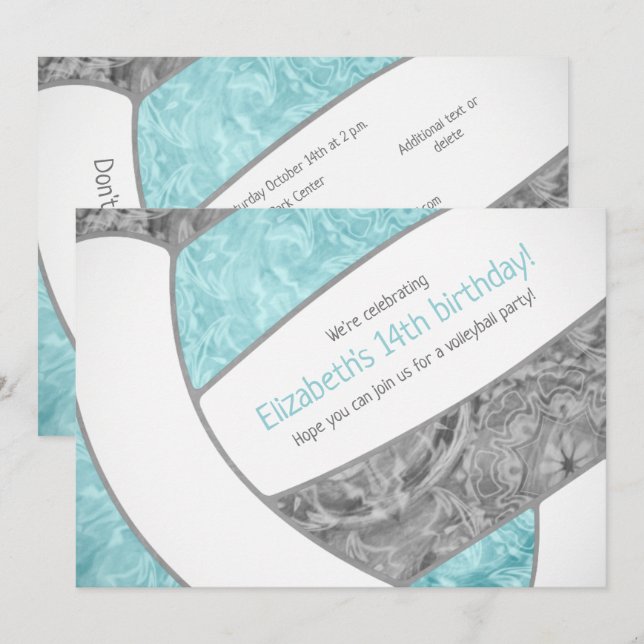 Invitation fête d'anniversaire de volley-ball gris aqua (Devant / Derrière)
