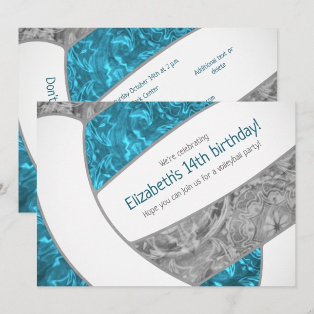 Invitation Fête d'anniversaire de volley-ball gris turquoise (Devant / Derrière)