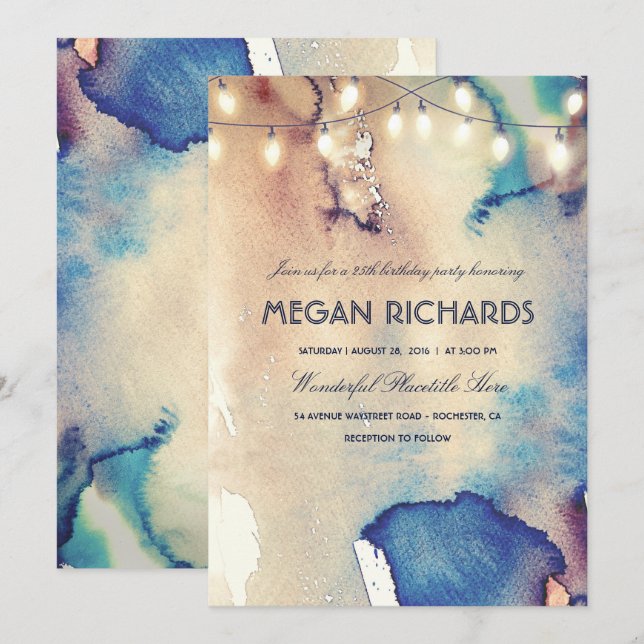 Invitation Fête d'anniversaire de Watercolor String Lights Be (Devant / Derrière)