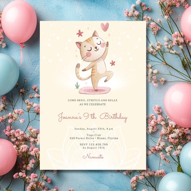 Invitation Fête d'anniversaire de yoga de chat (Créateur téléchargé)
