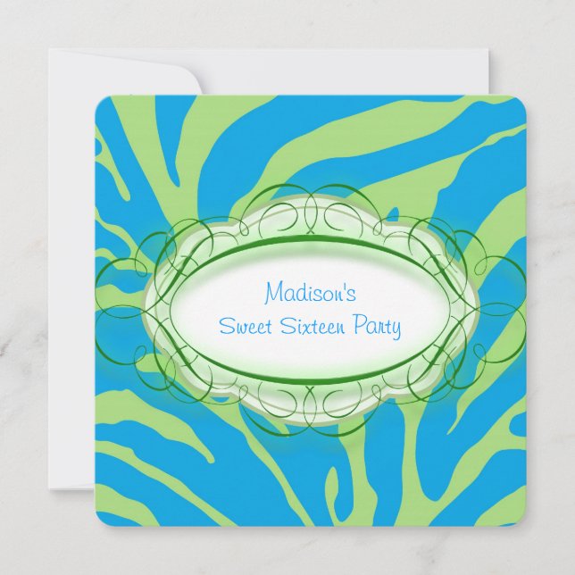Invitation Fête d'anniversaire de zèbre vert citron et bleu s (Devant)