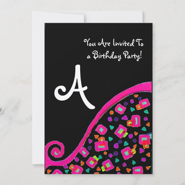 Invitation FÊTE D'ANNIVERSAIRE DECO MONOGRAMME, fuchsia noir  (Devant)