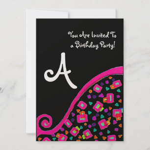 Invitation FÊTE D'ANNIVERSAIRE DECO MONOGRAMME, fuchsia noir