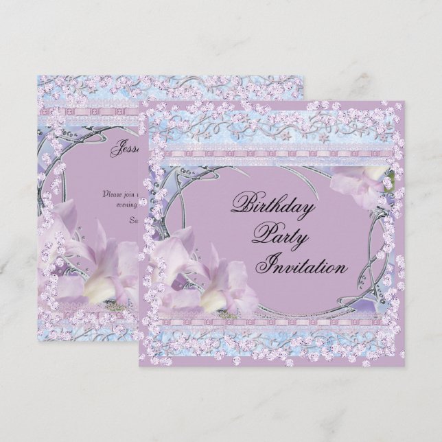 Invitation Fête d'anniversaire décorée de fleurs et de bijoux (Devant / Derrière)