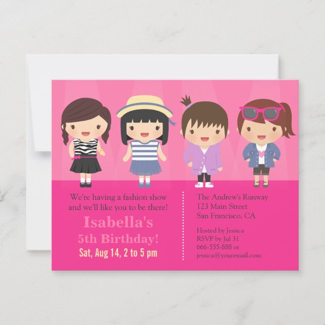 Invitation Fête d'anniversaire défilé de mode de jolies fille (Devant)