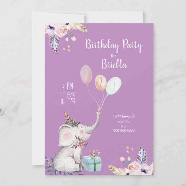 Invitation Fête d'anniversaire d'éléphant de Boho + couleur (Devant)