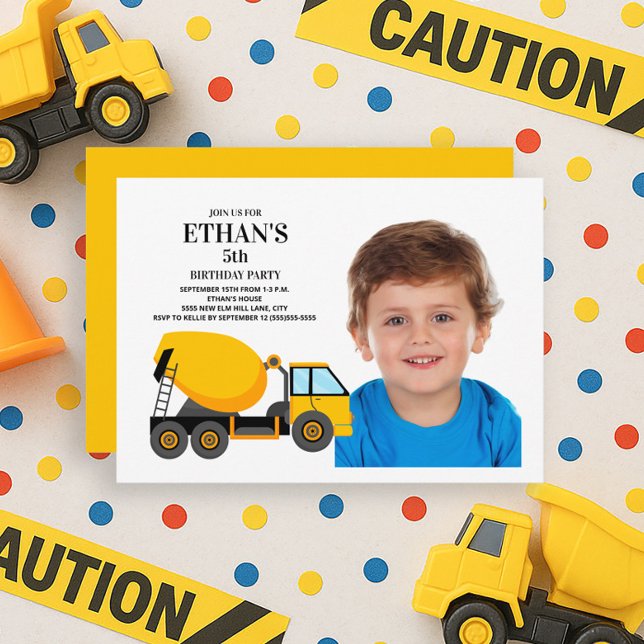 Invitation Fête d'anniversaire d'enfant avec camion de ciment (Construction birthday party photo invitation)