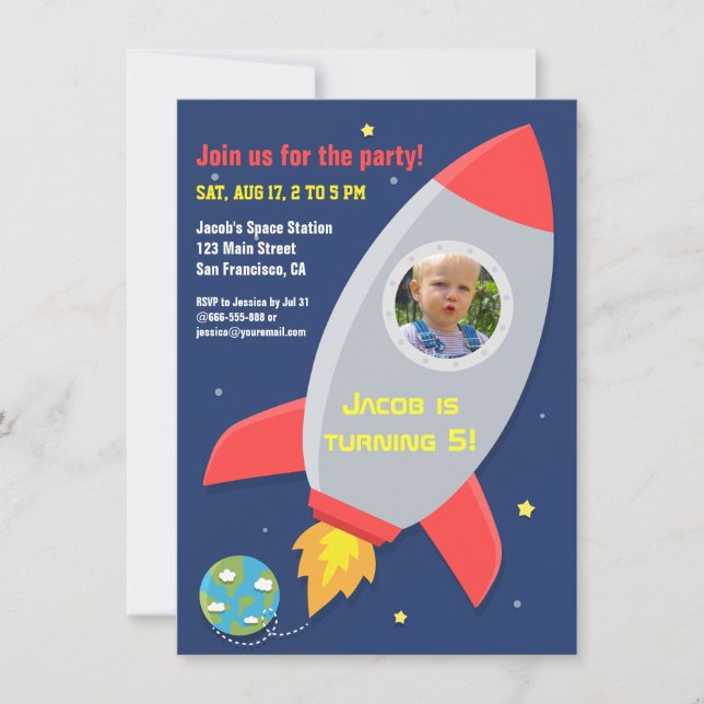 Invitation Fête d'anniversaire d'enfants fusée spatiale color (Devant)