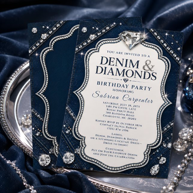 Invitation Fête d'anniversaire Denim & Diamonds Bleu marine (Créateur téléchargé)