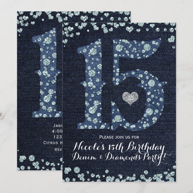 Invitation Fête d'anniversaire Denim & Diamonds Quinze 15 ans (Devant / Derrière)