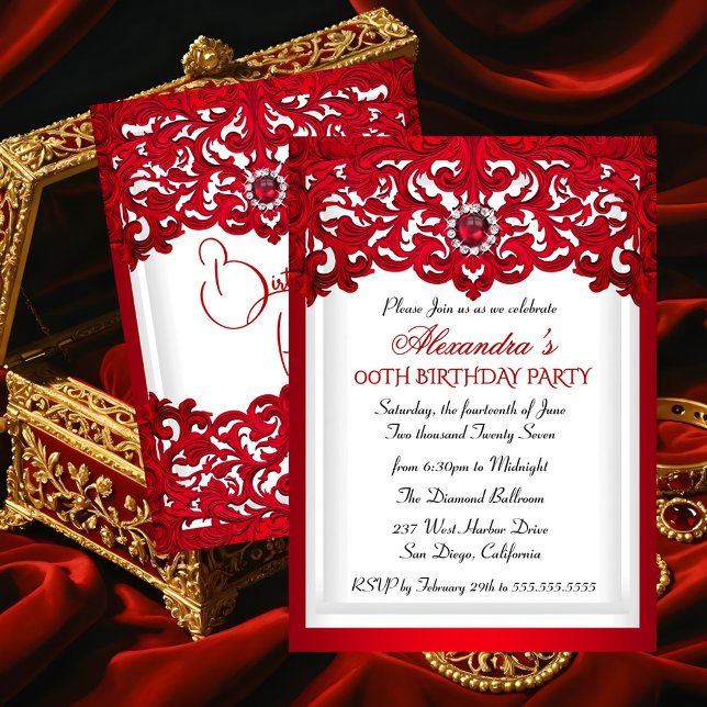 Invitation Fête d'anniversaire dentelle rouge blanche damas p (Créateur téléchargé)