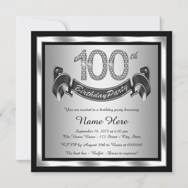 Invitation Fête d'anniversaire des 100 ans argentée (Devant)