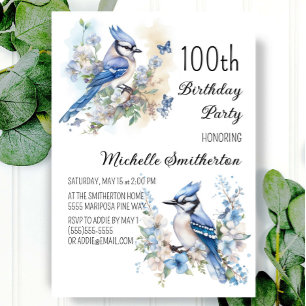 Invitation Fête d'anniversaire des 100 ans Blue Jay Bird Flow