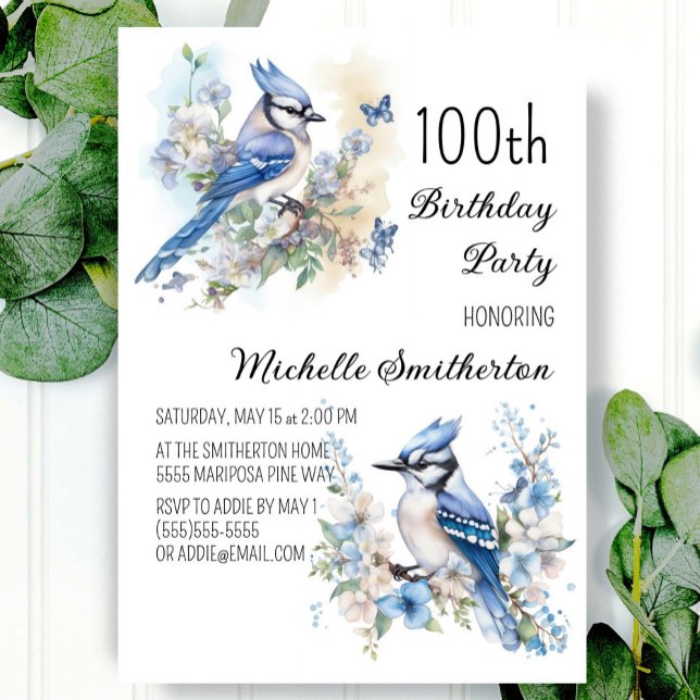 Invitation Fête d'anniversaire des 100 ans Blue Jay Bird Flow (Créateur téléchargé)