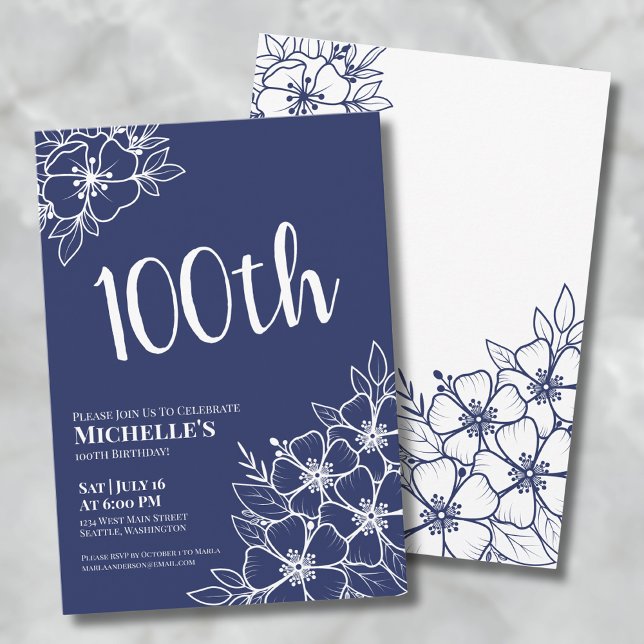 Invitation Fête d'anniversaire des 100 ans de Blue (Navy Blue 100th Birthday Party Invitation)