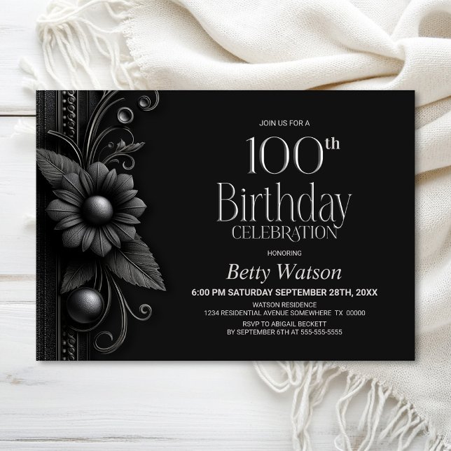 Invitation Fête d'anniversaire des 100 ans Grey Flower (Créateur téléchargé)