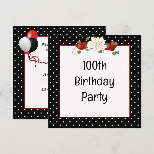 Invitation Fête d'anniversaire des 100 ans Polka Dot (Devant / Derrière)